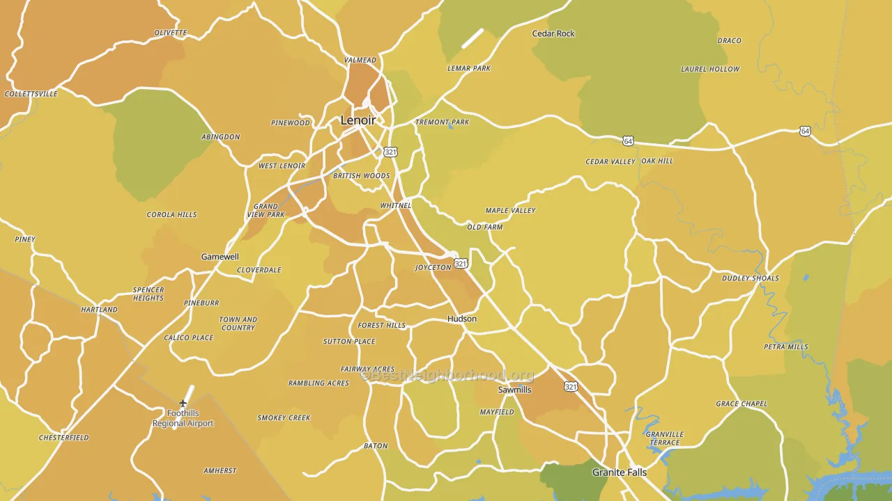 Map of the best neighborhoods in the Caldwell County area, with better matches in green and worse matches in red