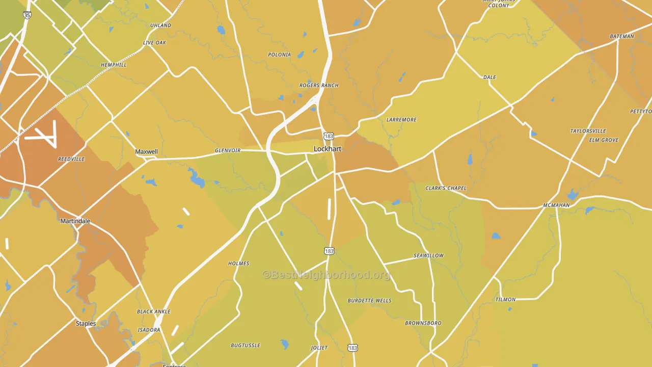 Map of the best neighborhoods in the Caldwell County area, with better matches in green and worse matches in red