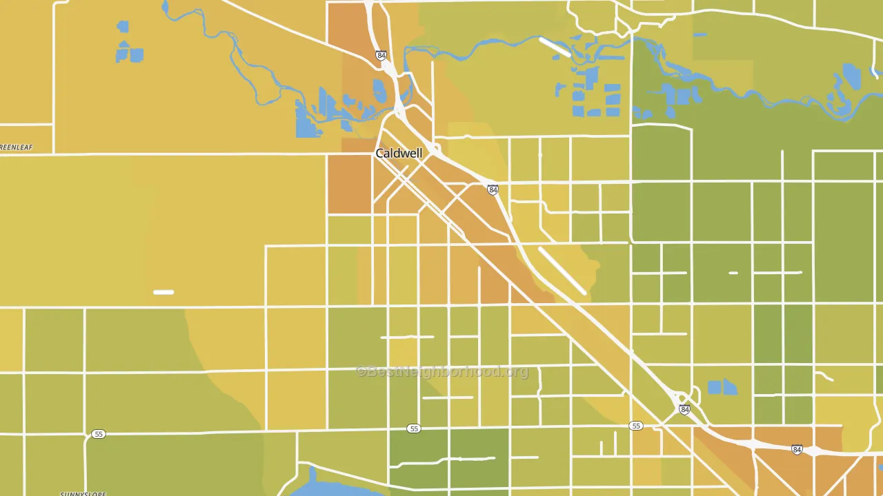 Map of the best neighborhoods in the Caldwell area, with better matches in green and worse matches in red