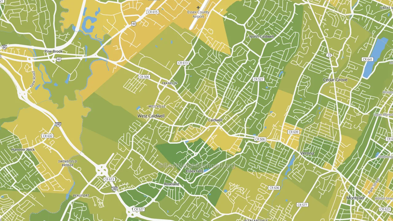 Map of the best neighborhoods in the Caldwell area, with better matches in green and worse matches in red