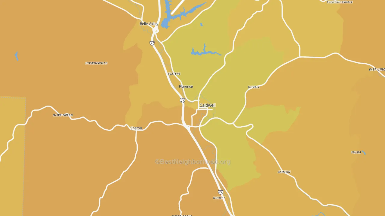 Map of the best neighborhoods in the Caldwell area, with better matches in green and worse matches in red