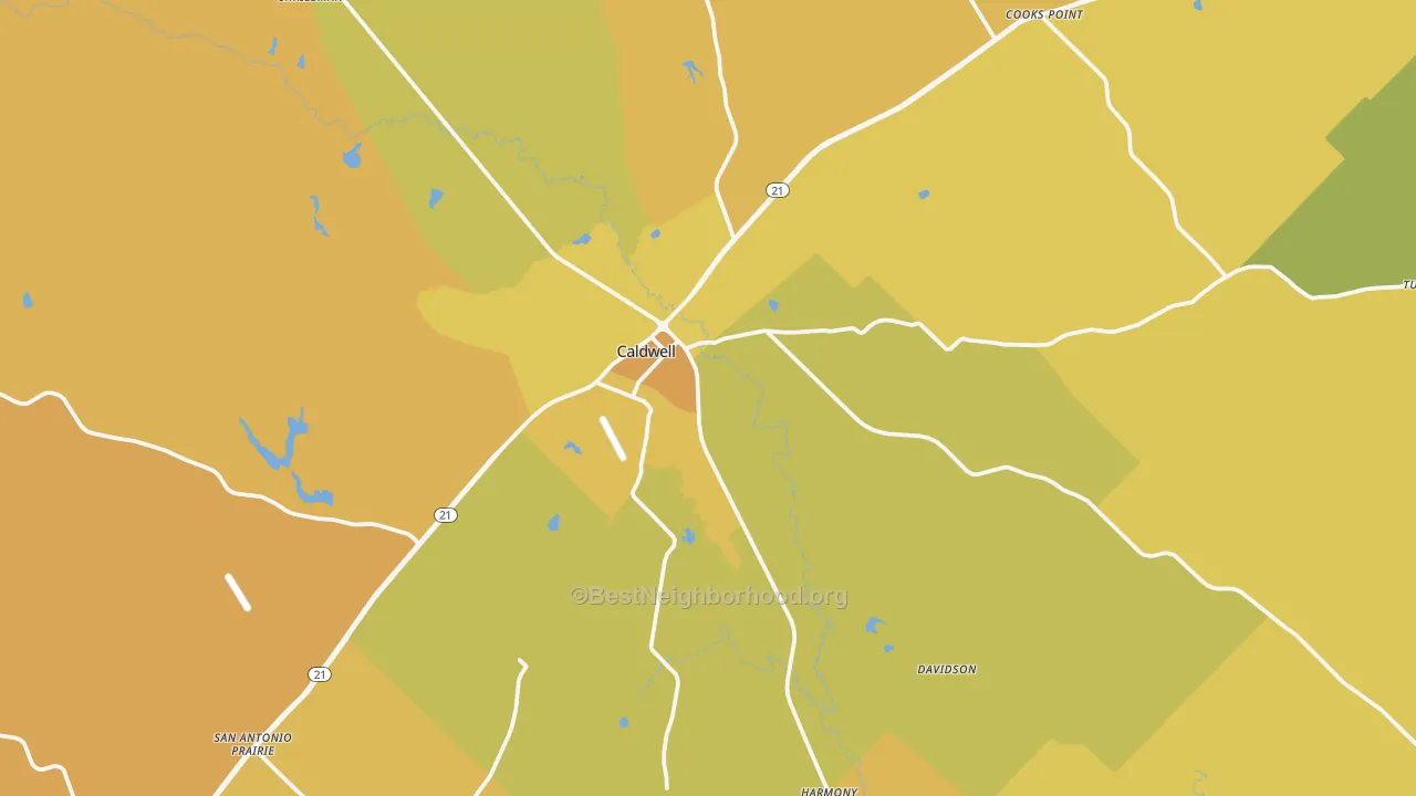 Map of the best neighborhoods in the Caldwell area, with better matches in green and worse matches in red