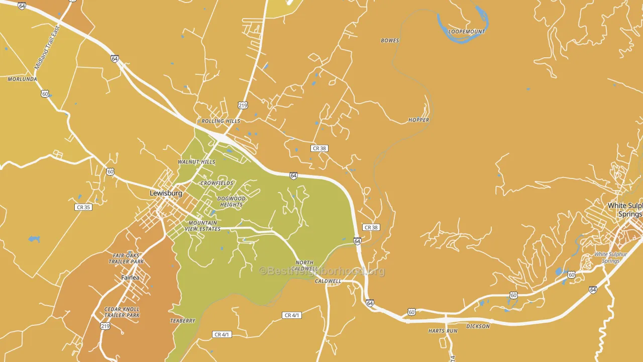 Map of the best neighborhoods in the Caldwell area, with better matches in green and worse matches in red