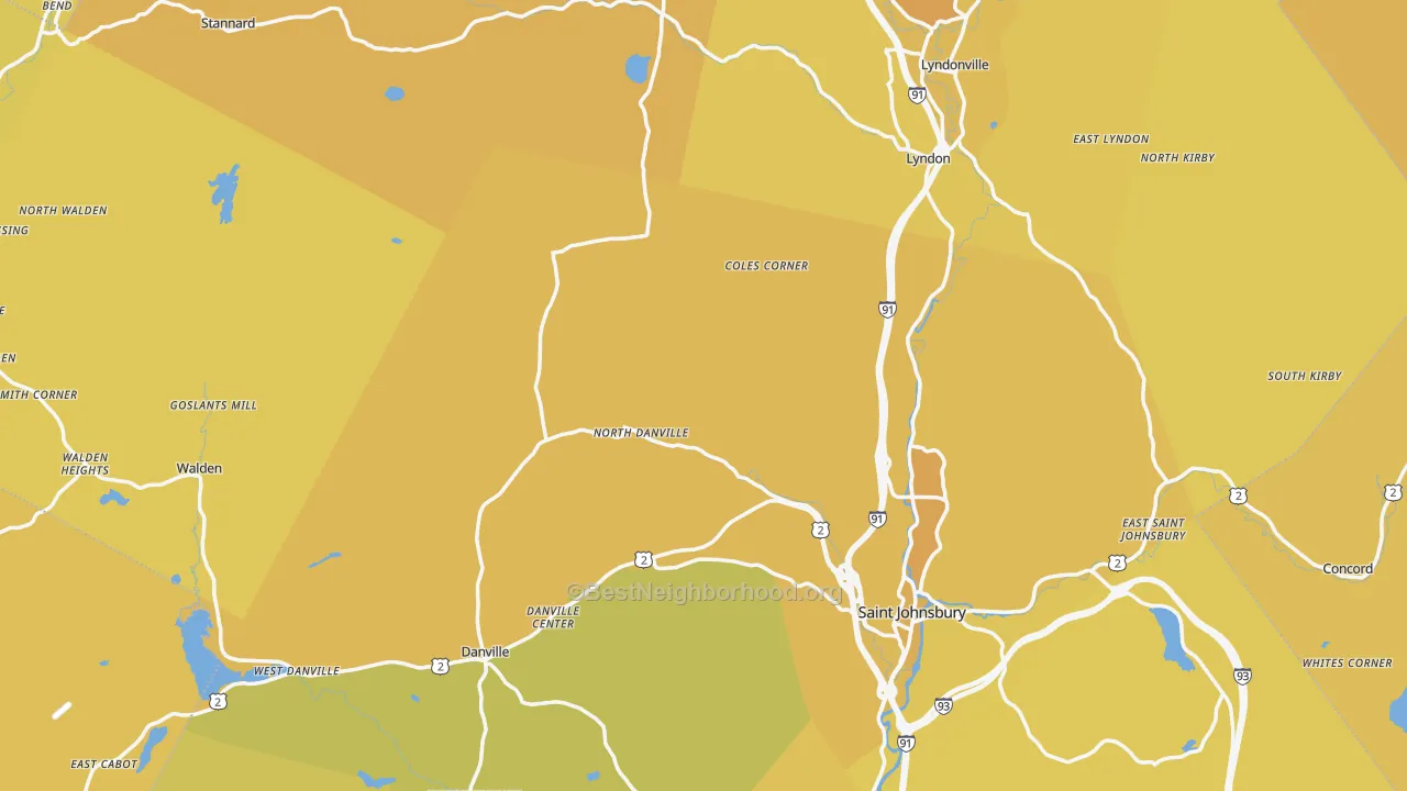 Map of the best neighborhoods in the Caledonia County area, with better matches in green and worse matches in red