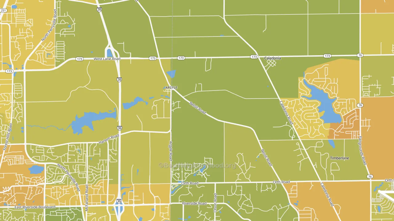 Map of the best neighborhoods in the Caledonia area, with better matches in green and worse matches in red