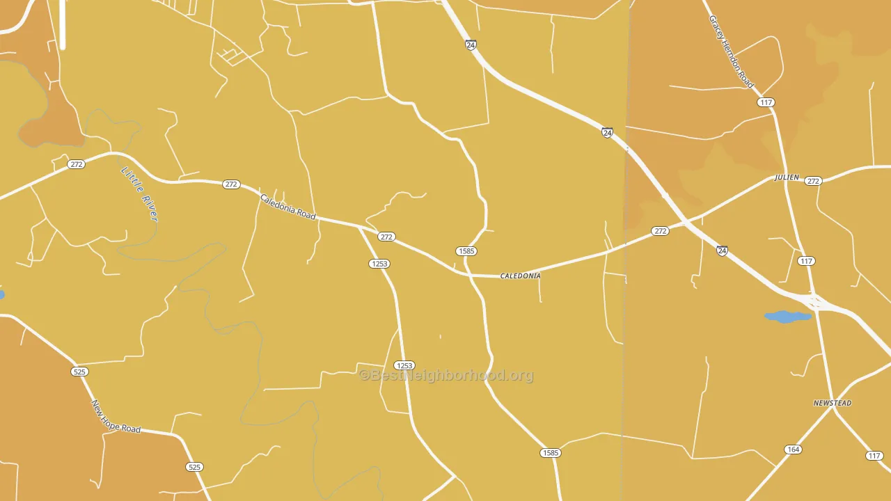 Map of the best neighborhoods in the Caledonia area, with better matches in green and worse matches in red