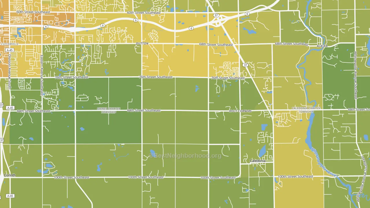 Map of the best neighborhoods in the Caledonia area, with better matches in green and worse matches in red