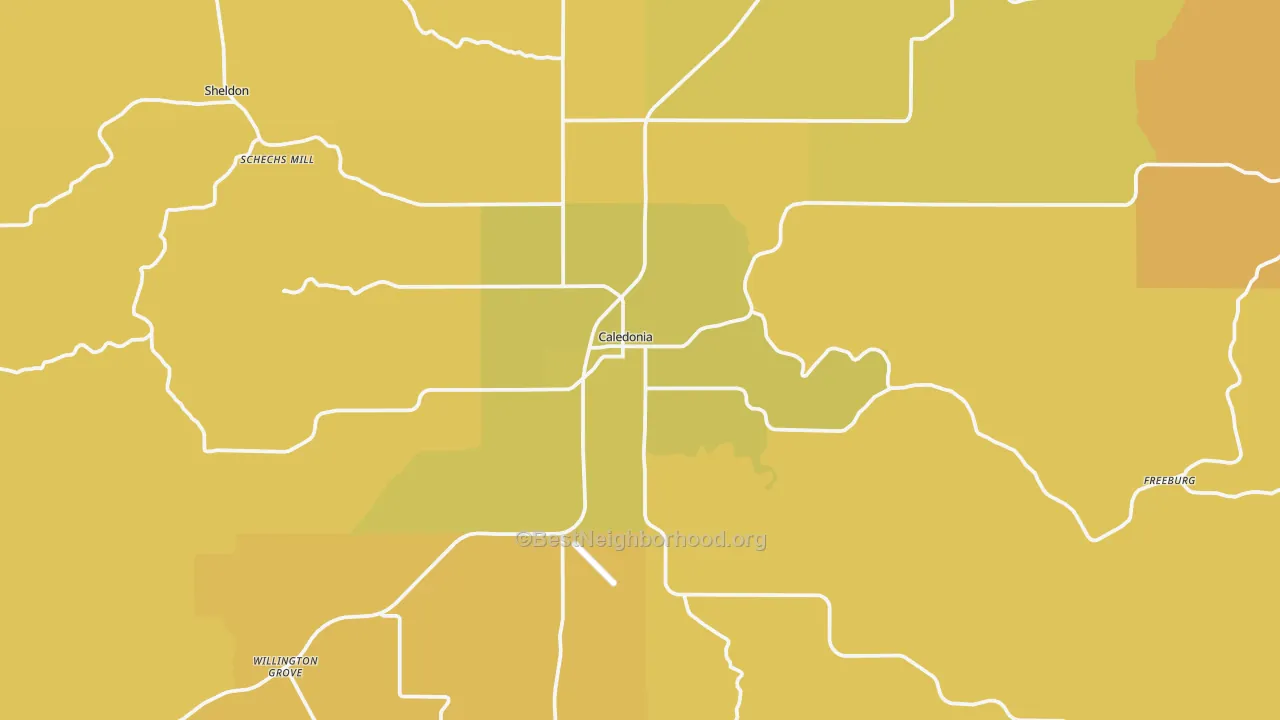 Map of the best neighborhoods in the Caledonia area, with better matches in green and worse matches in red