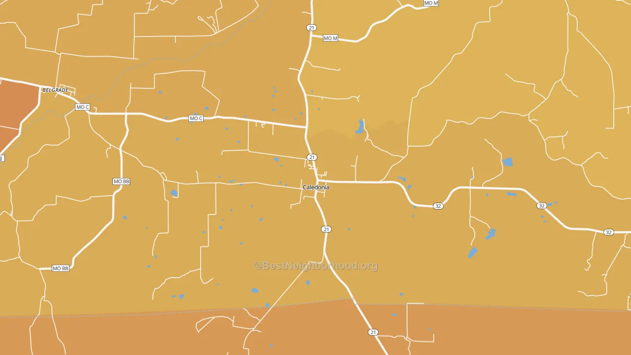 Map of the best neighborhoods in the Caledonia area, with better matches in green and worse matches in red
