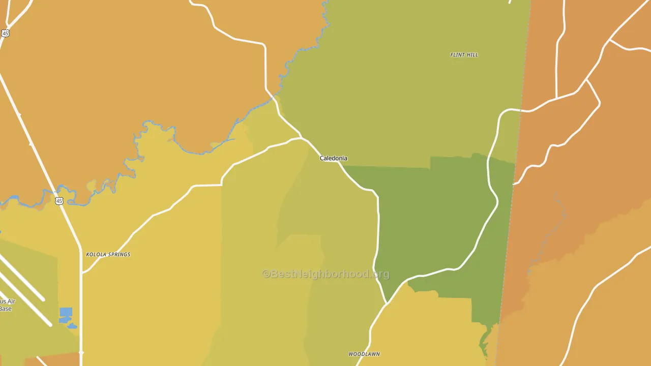 Map of the best neighborhoods in the Caledonia area, with better matches in green and worse matches in red