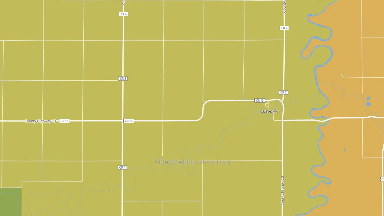 Map of the best neighborhoods in the Caledonia area, with better matches in green and worse matches in red