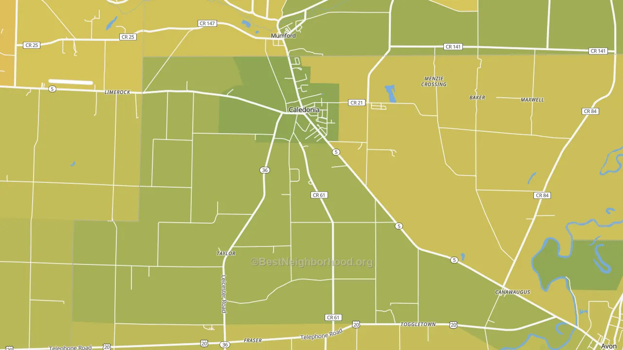 Map of the best neighborhoods in the Caledonia area, with better matches in green and worse matches in red