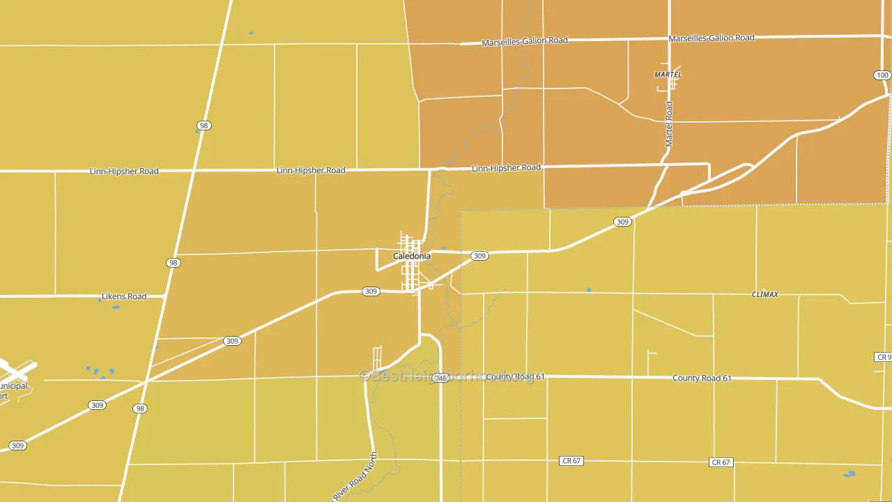 Map of the best neighborhoods in the Caledonia area, with better matches in green and worse matches in red