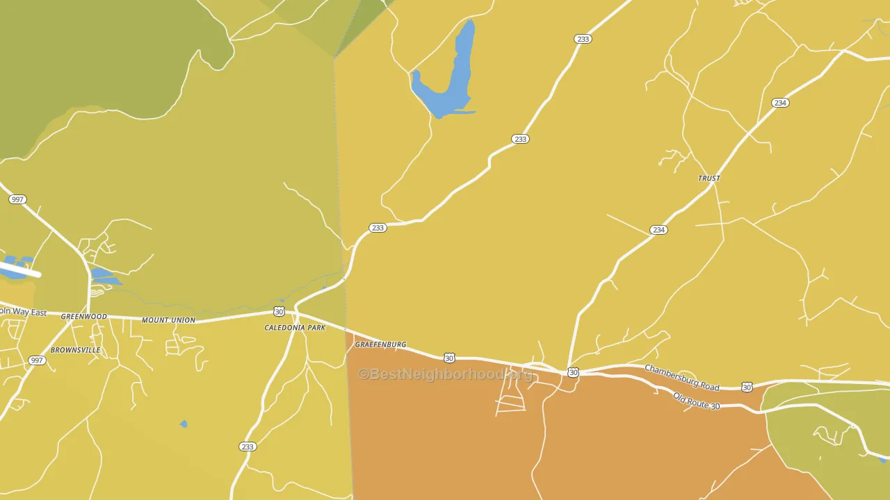 Map of the best neighborhoods in the Caledonia Park area, with better matches in green and worse matches in red