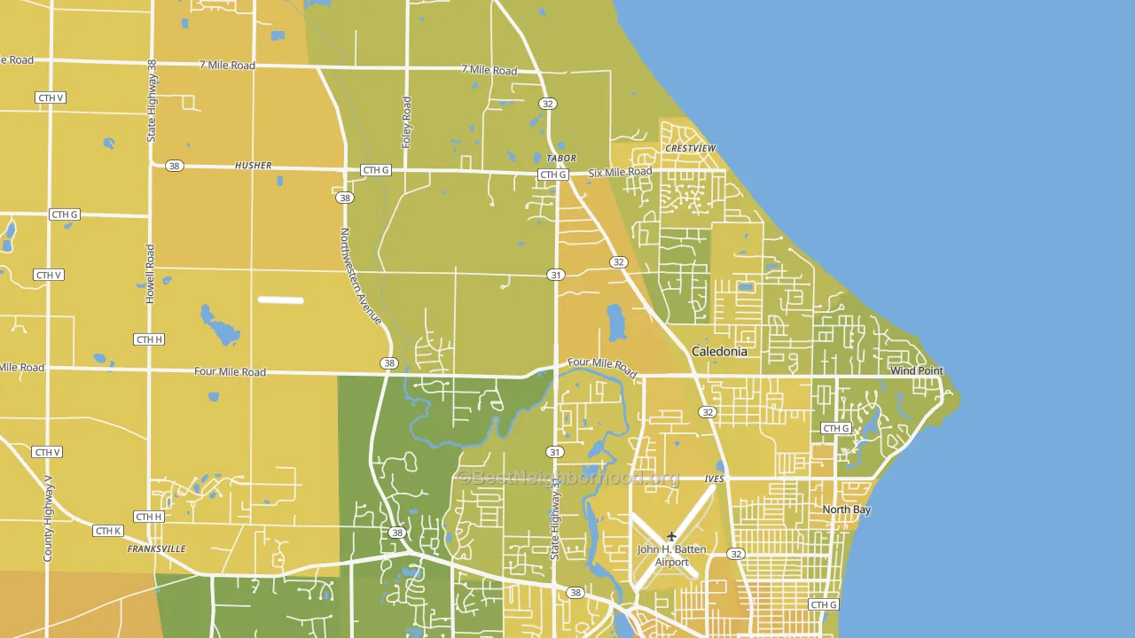 Map of the best neighborhoods in the Caledonia area, with better matches in green and worse matches in red
