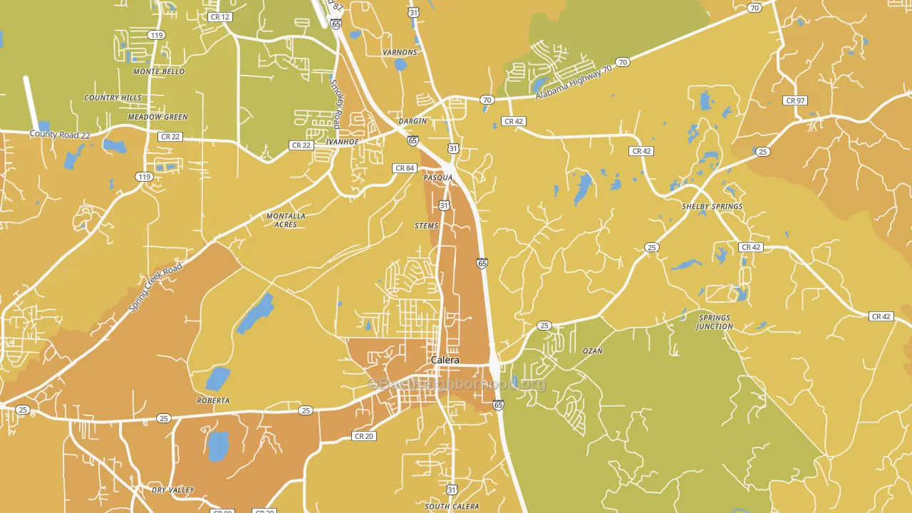 Map of the best neighborhoods in the Calera area, with better matches in green and worse matches in red
