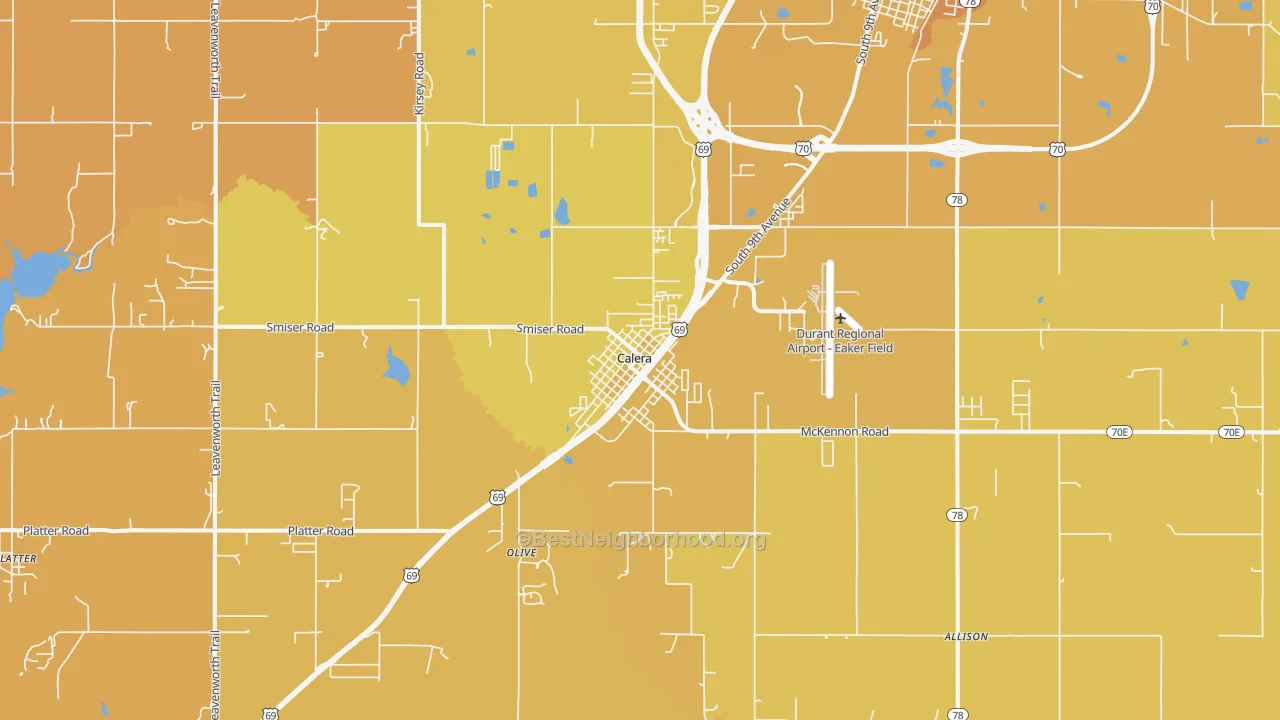 Map of the best neighborhoods in the Calera area, with better matches in green and worse matches in red