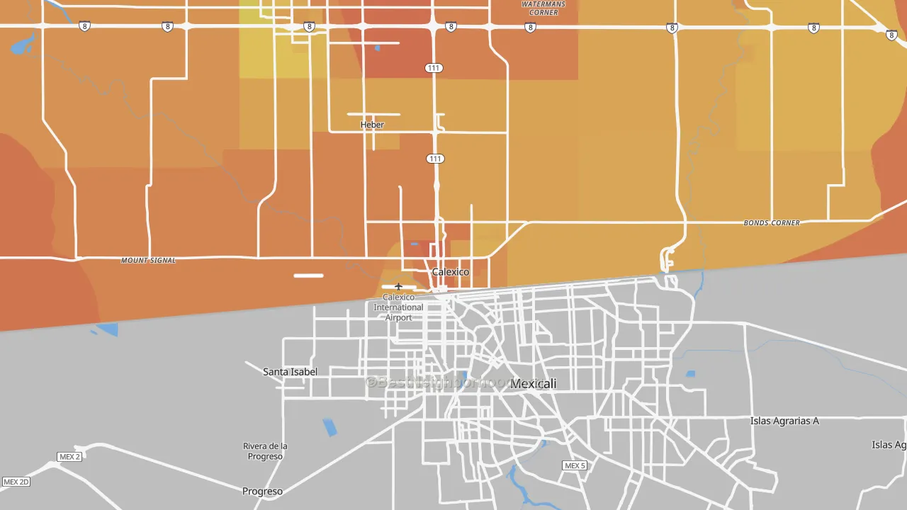 Map of the best neighborhoods in the Calexico area, with better matches in green and worse matches in red