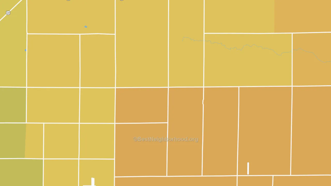 Map of the best neighborhoods in the Calhan area, with better matches in green and worse matches in red
