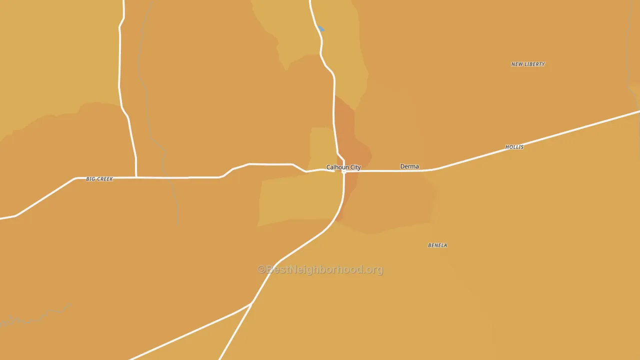 Map of the best neighborhoods in the Calhoun City area, with better matches in green and worse matches in red