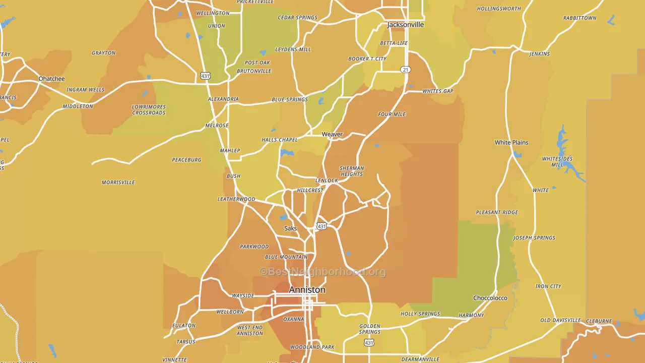 Map of the best neighborhoods in the Calhoun County area, with better matches in green and worse matches in red