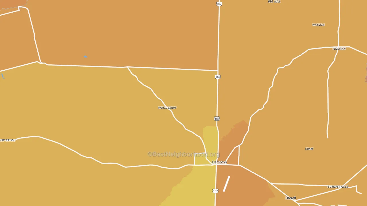 Map of the best neighborhoods in the Calhoun County area, with better matches in green and worse matches in red