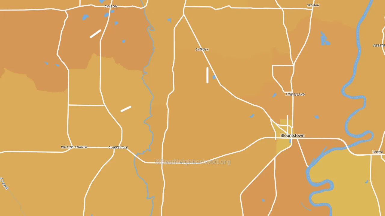 Map of the best neighborhoods in the Calhoun County area, with better matches in green and worse matches in red
