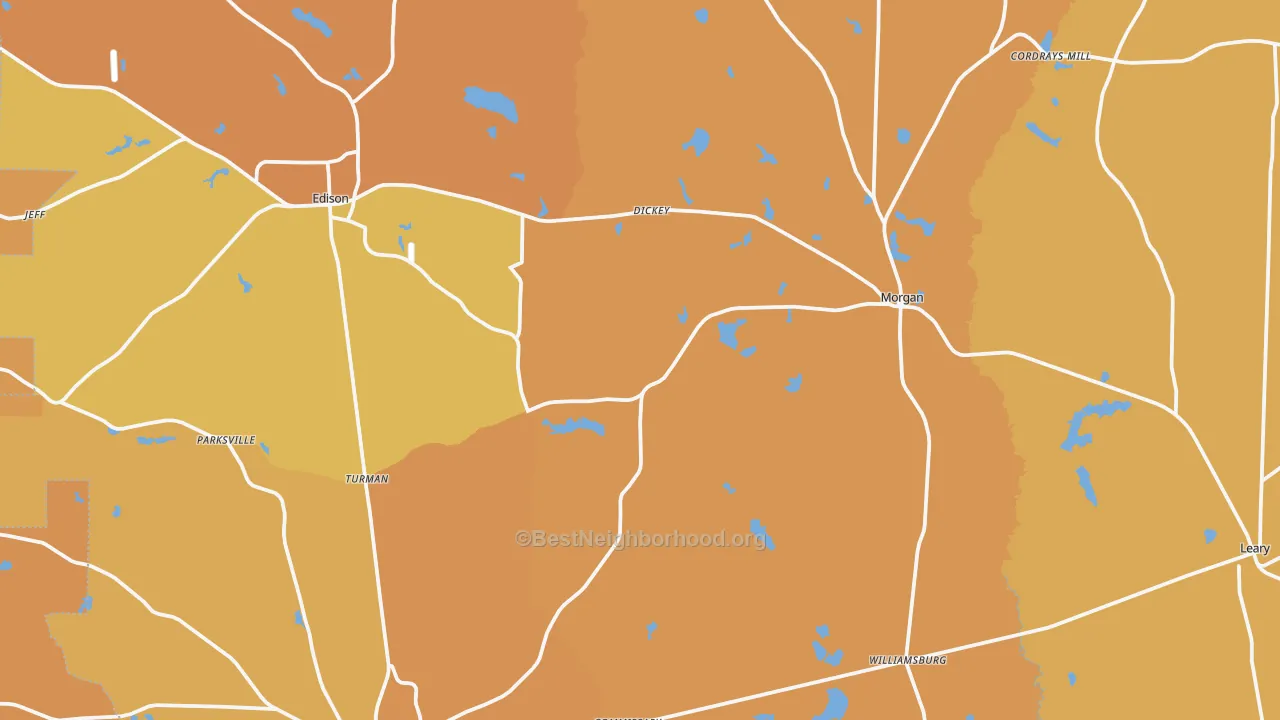 Map of the best neighborhoods in the Calhoun County area, with better matches in green and worse matches in red