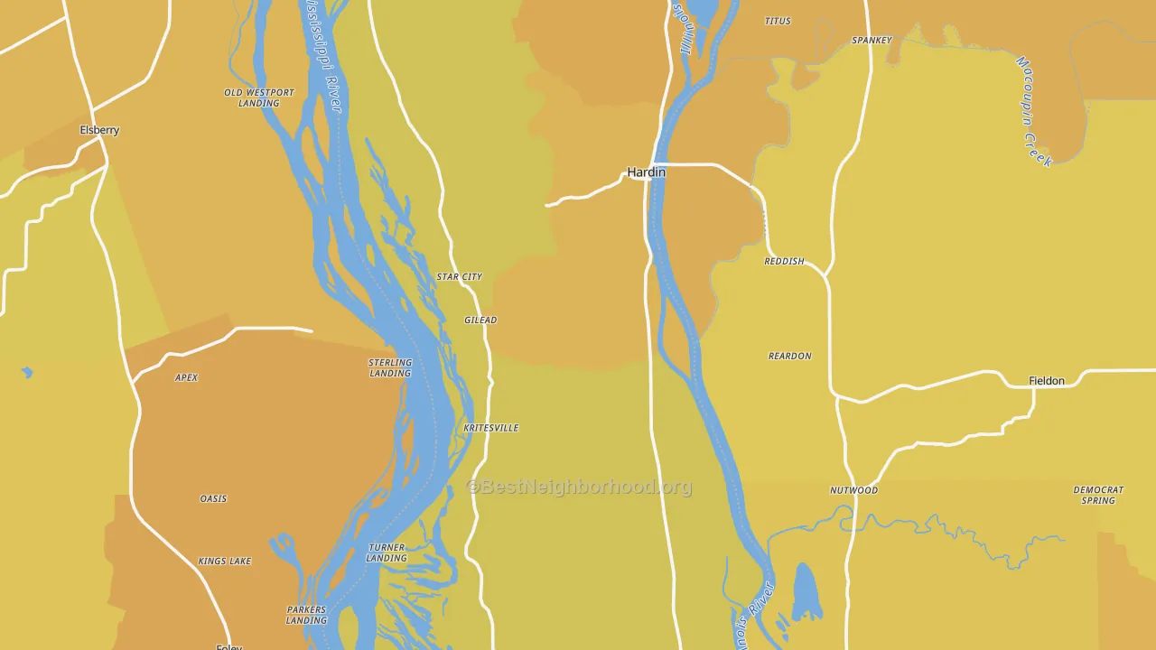 Map of the best neighborhoods in the Calhoun County area, with better matches in green and worse matches in red
