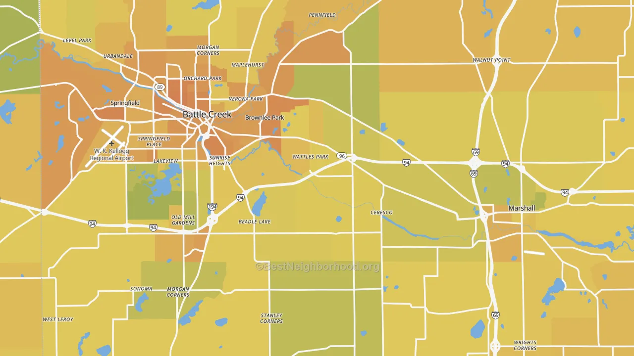 Map of the best neighborhoods in the Calhoun County area, with better matches in green and worse matches in red
