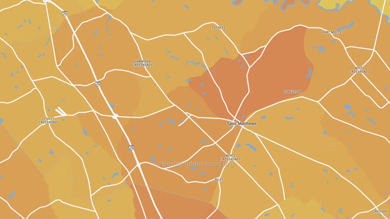Map of the best neighborhoods in the Calhoun County area, with better matches in green and worse matches in red