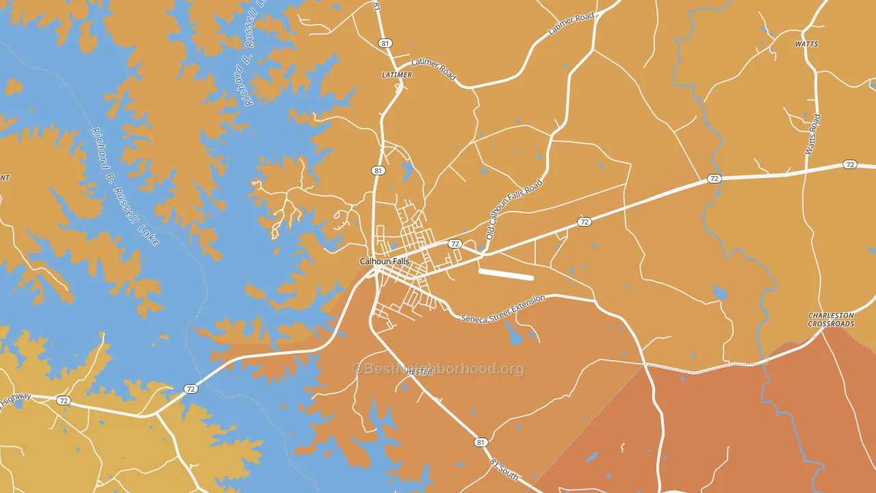Map of the best neighborhoods in the Calhoun Falls area, with better matches in green and worse matches in red