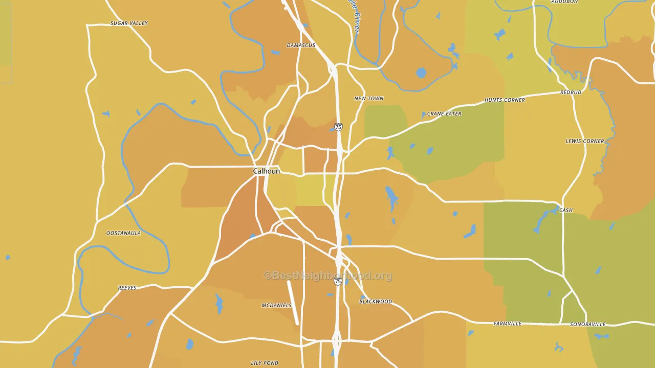 Map of the best neighborhoods in the Calhoun area, with better matches in green and worse matches in red
