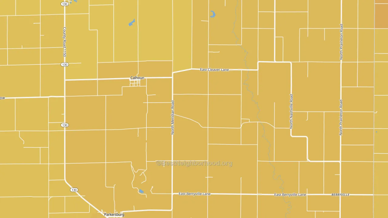 Map of the best neighborhoods in the Calhoun area, with better matches in green and worse matches in red