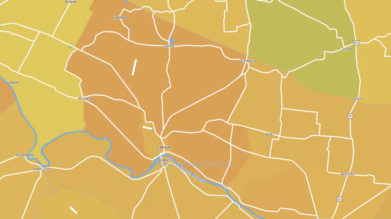 Map of the best neighborhoods in the Calhoun area, with better matches in green and worse matches in red