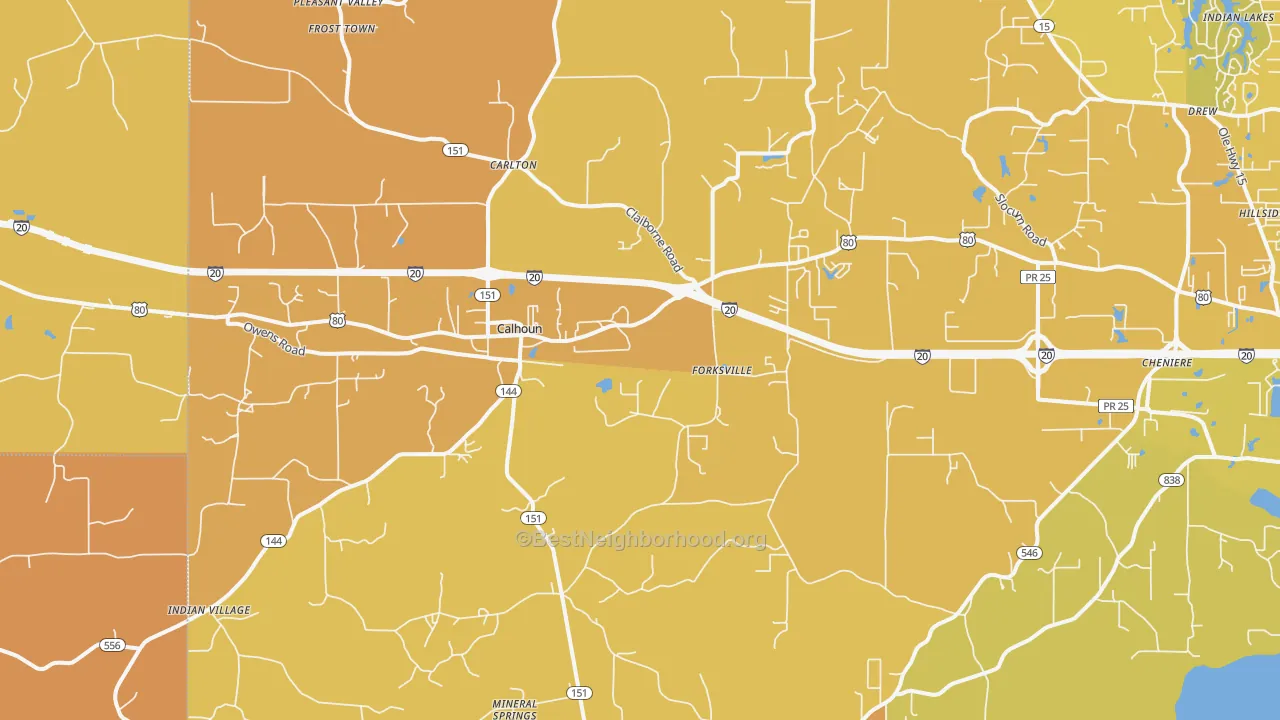 Map of the best neighborhoods in the Calhoun area, with better matches in green and worse matches in red