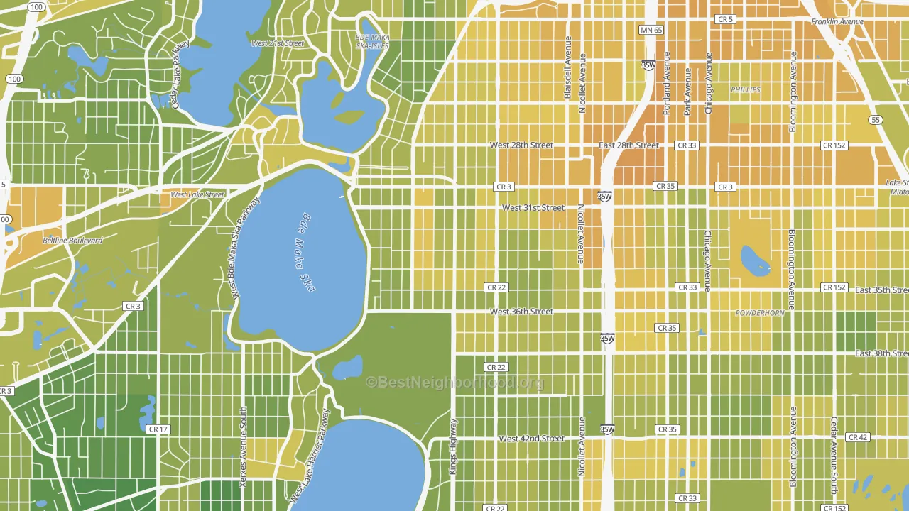 Map of the best neighborhoods in the Calhoun, Minneapolis area, with better matches in green and worse matches in red