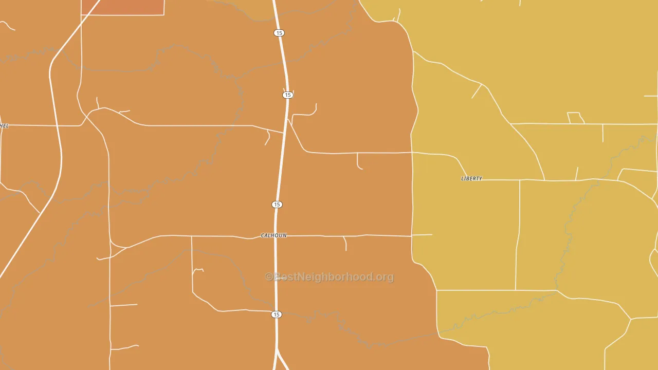 Map of the best neighborhoods in the Calhoun area, with better matches in green and worse matches in red