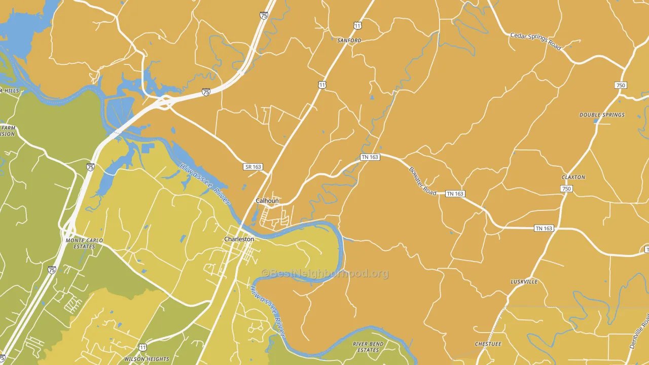 Map of the best neighborhoods in the Calhoun area, with better matches in green and worse matches in red