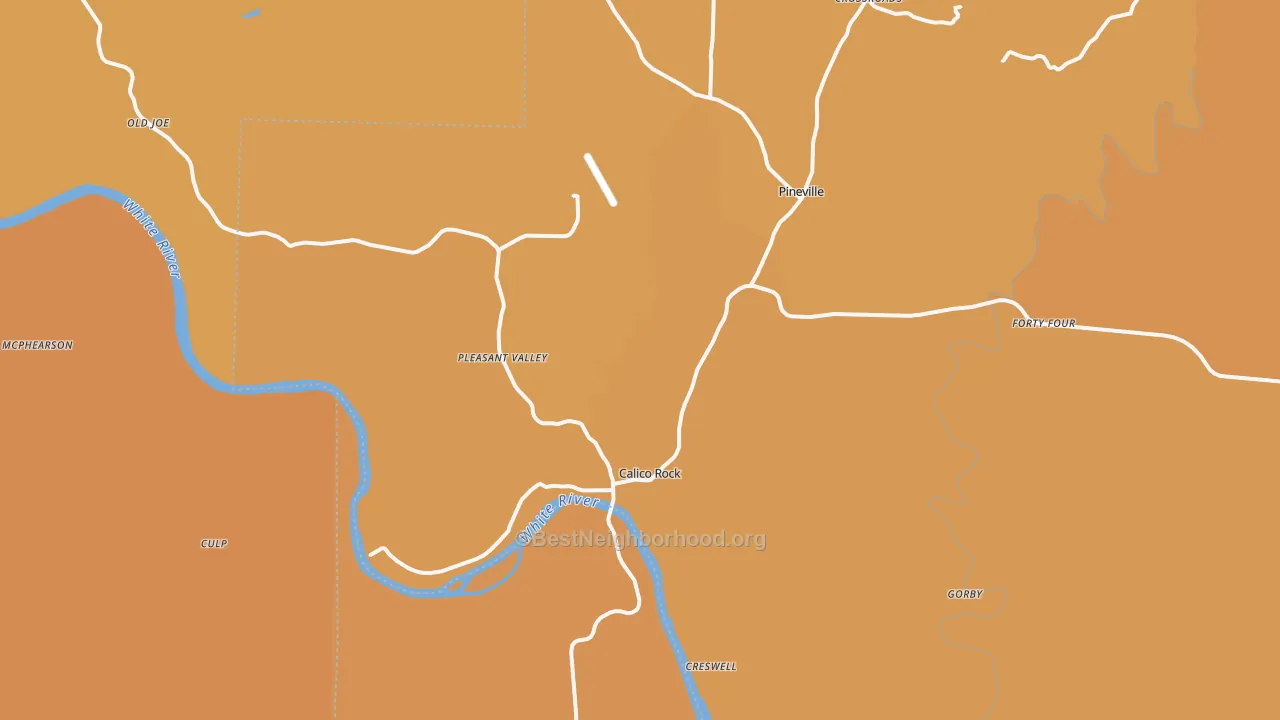 Map of the best neighborhoods in the Calico Rock area, with better matches in green and worse matches in red