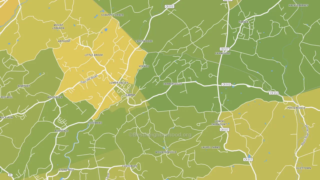 Map of the best neighborhoods in the Califon area, with better matches in green and worse matches in red