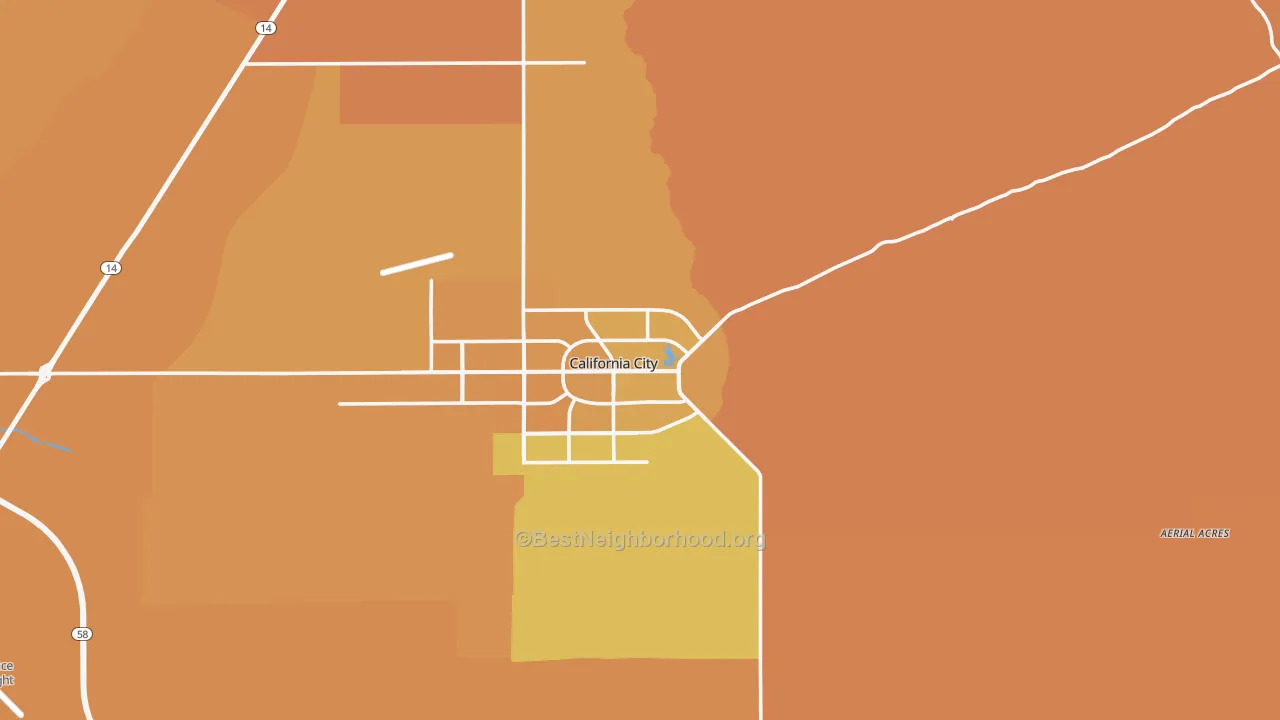 Map of the best neighborhoods in the California City area, with better matches in green and worse matches in red