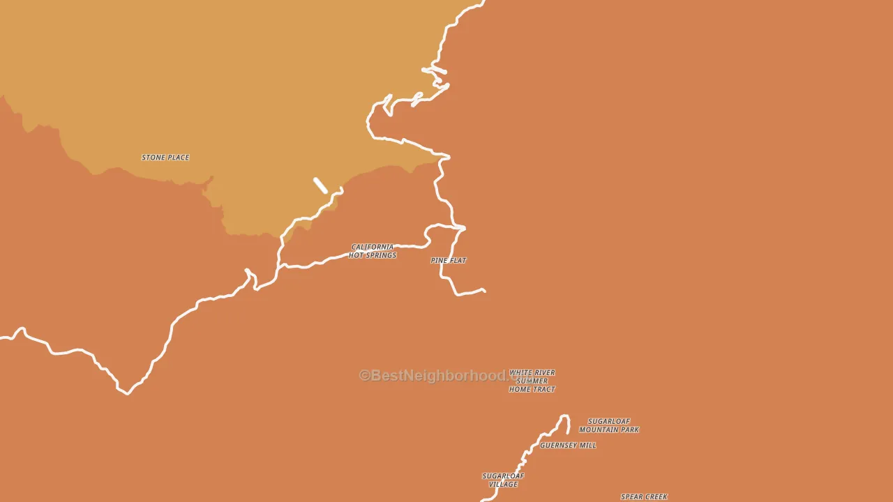 Map of the best neighborhoods in the California Hot Springs area, with better matches in green and worse matches in red