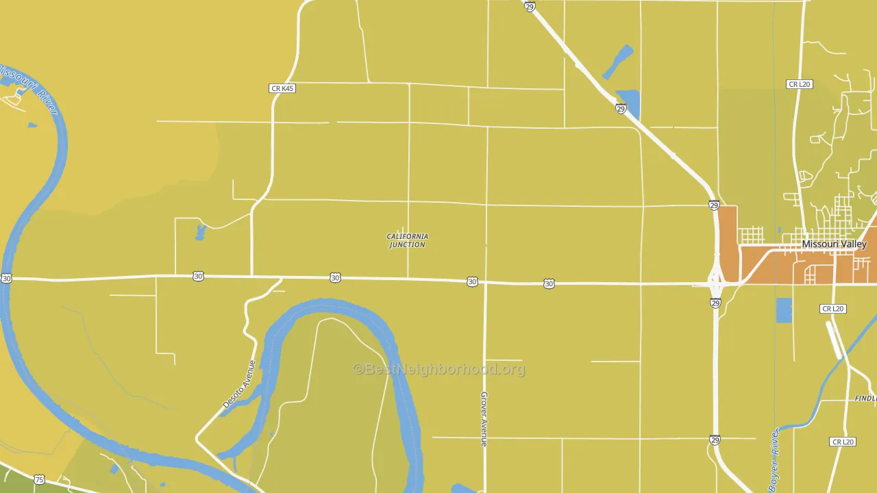 Map of the best neighborhoods in the California Junction area, with better matches in green and worse matches in red