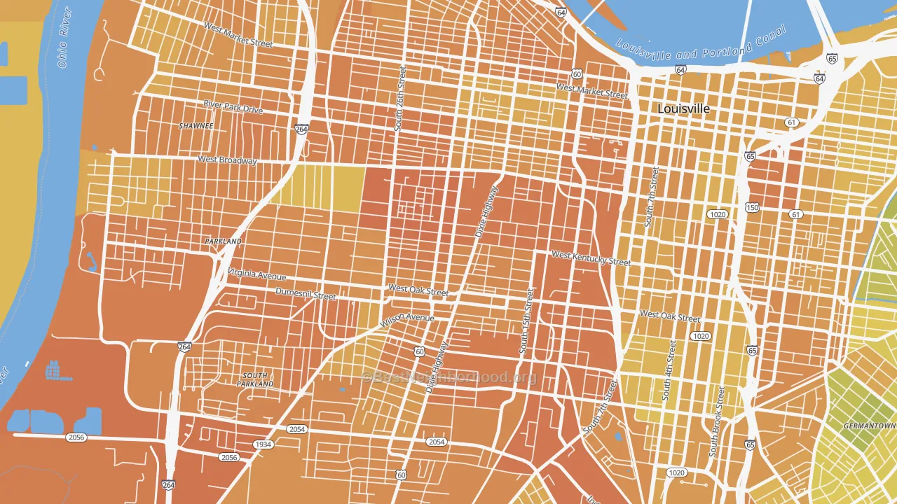 Map of the best neighborhoods in the California, Louisville area, with better matches in green and worse matches in red