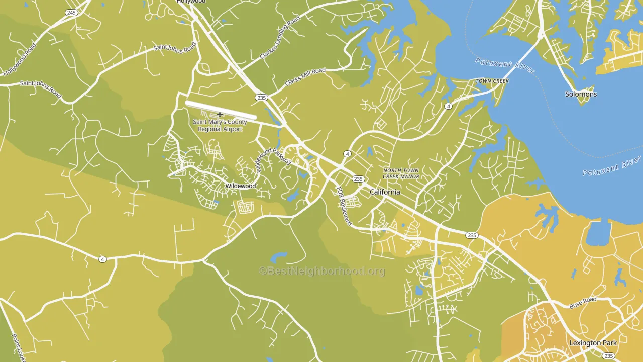 Map of the best neighborhoods in the California area, with better matches in green and worse matches in red