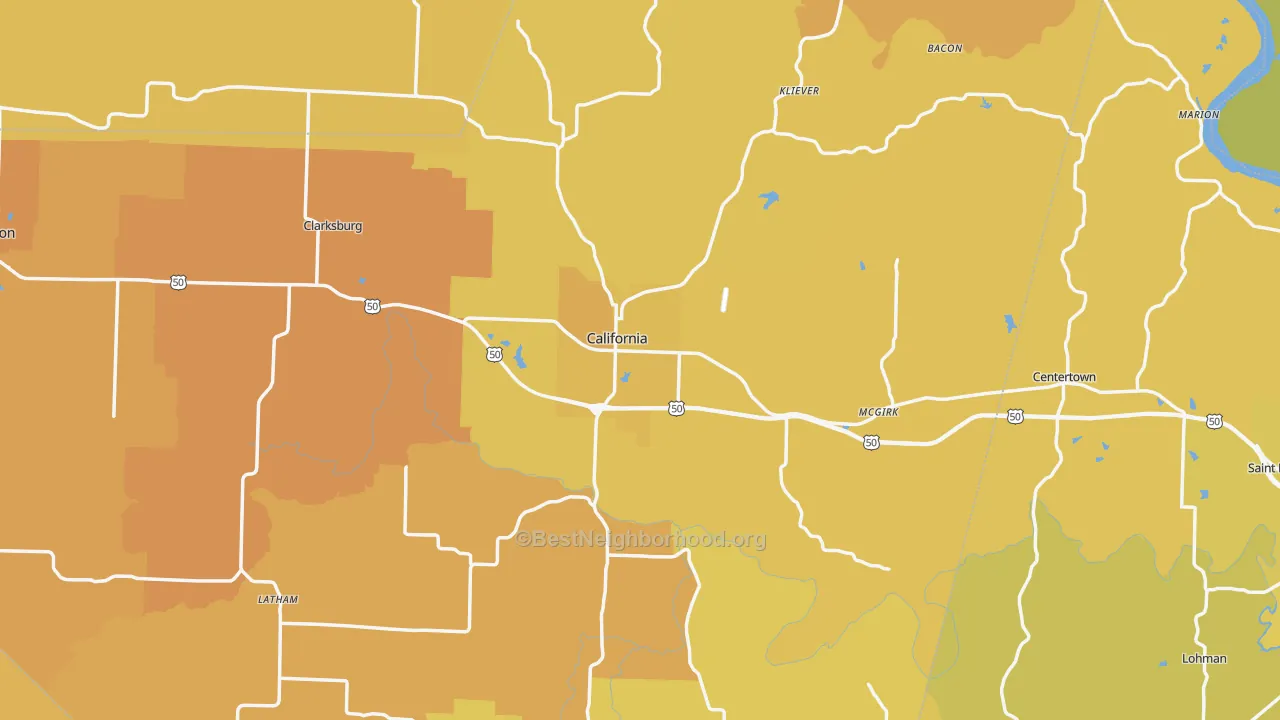 Map of the best neighborhoods in the California area, with better matches in green and worse matches in red