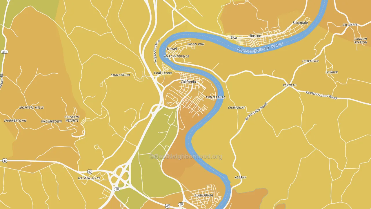 Map of the best neighborhoods in the California area, with better matches in green and worse matches in red