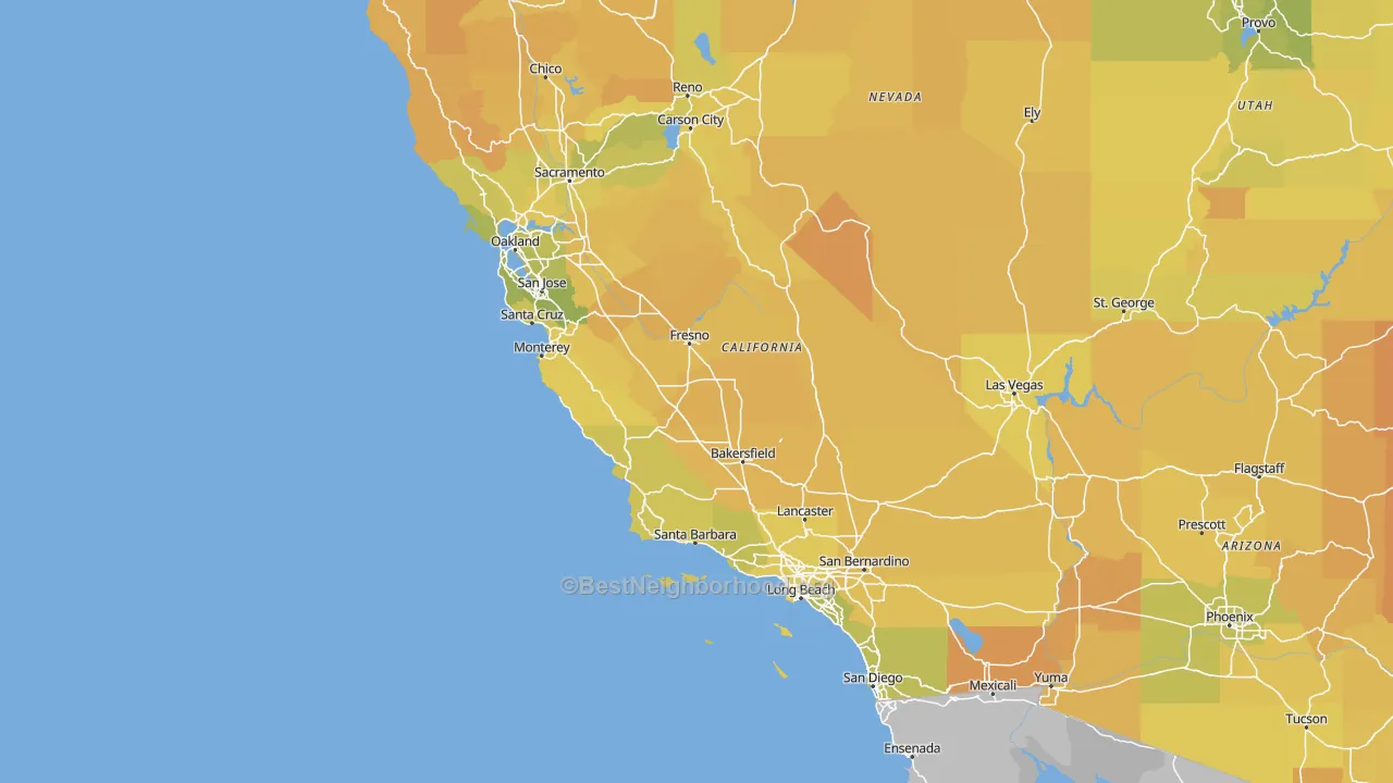 Map of the best neighborhoods in the California area, with better matches in green and worse matches in red
