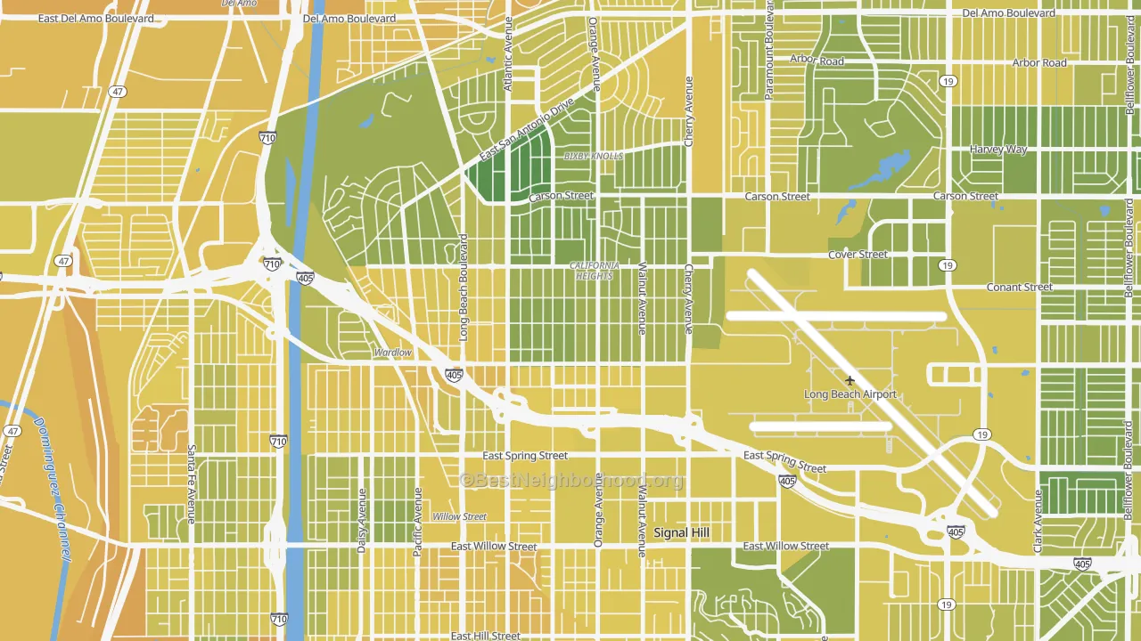 Map of the best neighborhoods in the Californial Heights, Long Beach area, with better matches in green and worse matches in red